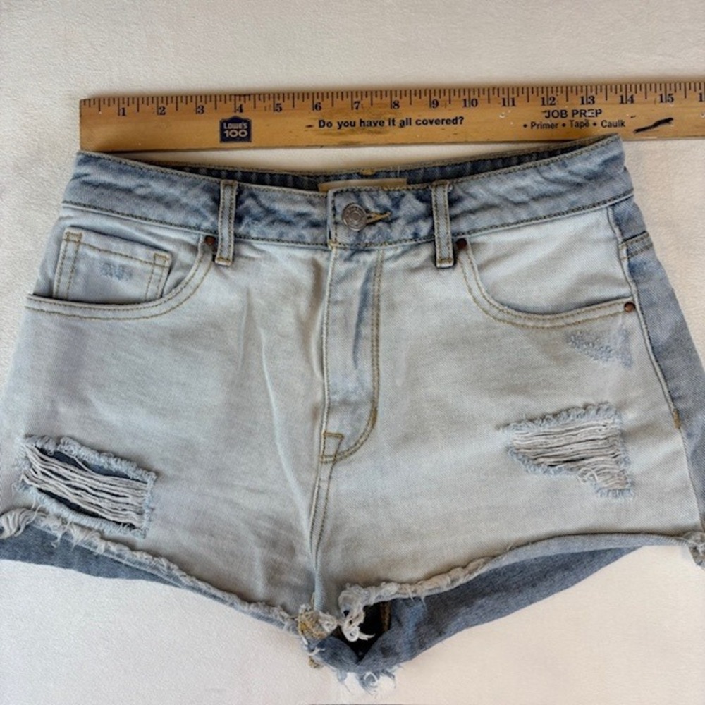 Pacsun High Rise‎ Women's Denim Shorts Distressed Frayed Hem Two Tone Size 26 - Picture 2 of 5